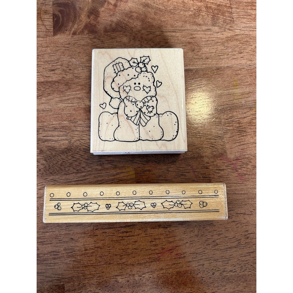 DOTS Holly Jolly Border Christmas Teddy Bear Rubber Stamp Wood Mount Holiday Lot